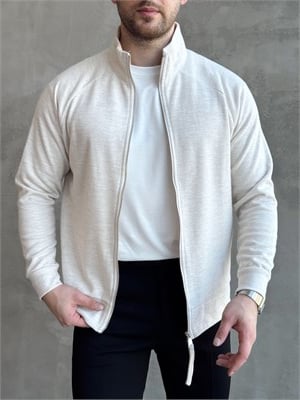Erkek Trend Model Regular Kalıp Fermuarlı Dik Yaka Triko Hırka-Bej(E1874)