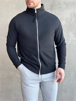 Erkek Trend Model Regular Kalıp Fermuarlı Dik Yaka Triko Hırka-Siyah(E1874)