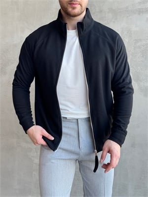 Erkek Trend Model Regular Kalıp Fermuarlı Dik Yaka Triko Hırka-Siyah(E1874)