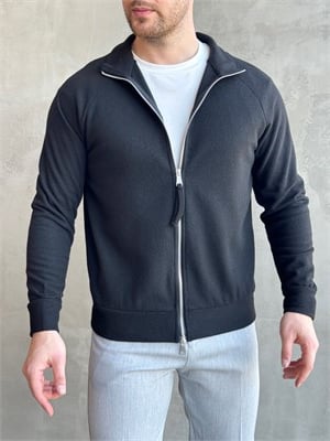 Erkek Trend Model Regular Kalıp Fermuarlı Dik Yaka Triko Hırka-Siyah(E1874)