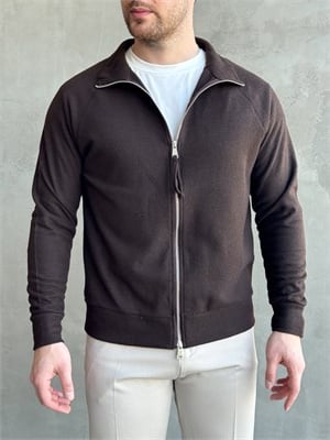 Erkek Trend Model Regular Kalıp Fermuarlı Dik Yaka Triko Hırka-Kahverengi(E1874)