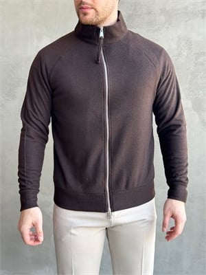 Erkek Trend Model Regular Kalıp Fermuarlı Dik Yaka Triko Hırka-Kahverengi(E1874)