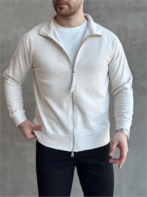Erkek Trend Model Regular Kalıp Fermuarlı Dik Yaka Triko Hırka-Bej(E1874)
