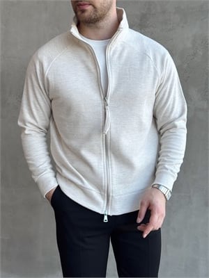 Erkek Trend Model Regular Kalıp Fermuarlı Dik Yaka Triko Hırka-Bej(E1874)