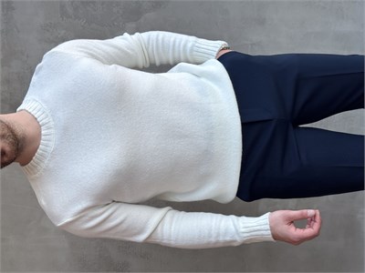 Erkek Trend Model Regular Kalıp Ribana Detaylı Bisiklet Yaka %50 Yün Triko Kazak-Ekru(E1871)