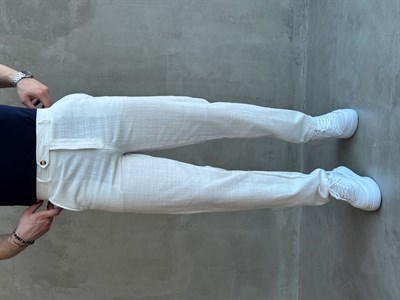 Erkek Trend Model Tercih Edilen Regular Kalıp Kopçalı Keten Kumaş Pantolon-Beyaz(E1742)