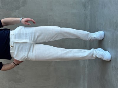 Erkek Trend Model Tercih Edilen Regular Kalıp Kopçalı Keten Kumaş Pantolon-Beyaz(E1742)