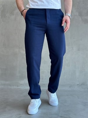 Erkek Trend Model Tercih Edilen Regular Kalıp Kopçalı Keten Kumaş Pantolon-Lacivert(E1742)