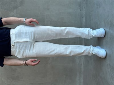 Erkek Trend Model Tercih Edilen Regular Kalıp Kopçalı Keten Kumaş Pantolon-Beyaz(E1742)