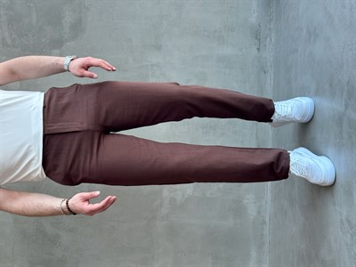 Erkek Trend Model Tercih Edilen Regular Kalıp Kopçalı Keten Kumaş Pantolon-Kahverengi(E1742)