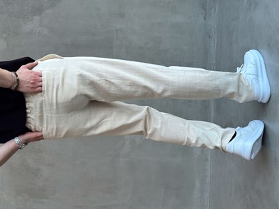 Erkek Trend Model Tercih Edilen Regular Kalıp Kopçalı Keten Kumaş Pantolon-Krem(E1742)