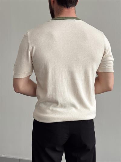 Erkek Yalnızca Davetlilere Açık Oversize Kalıp Bisiklet Yaka Desenli Triko T-Shirt-Bej(E1374)