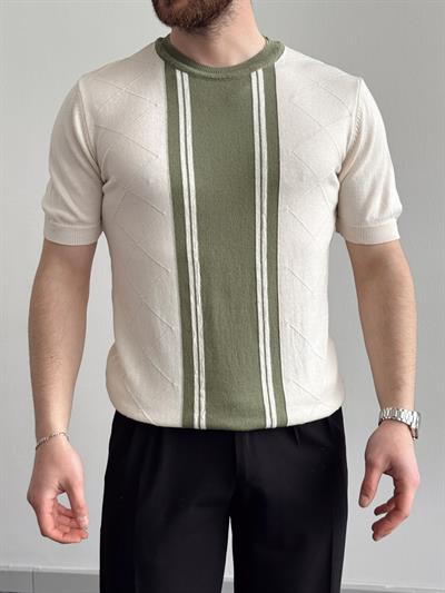 Erkek Yalnızca Davetlilere Açık Oversize Kalıp Bisiklet Yaka Desenli Triko T-Shirt-Bej(E1374)