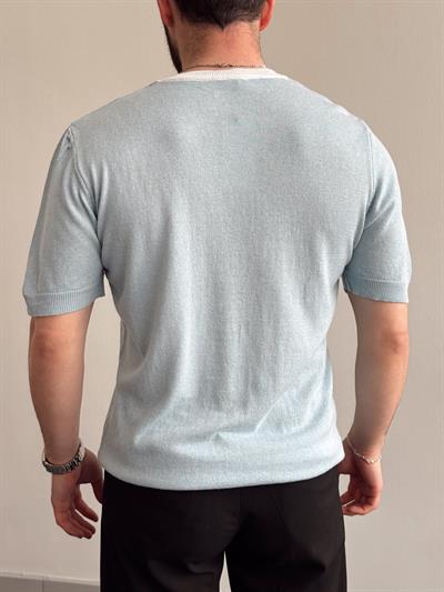Erkek Yalnızca Davetlilere Açık Oversize Kalıp Bisiklet Yaka Desenli Triko T-Shirt-Bebe Mavi(E1374)