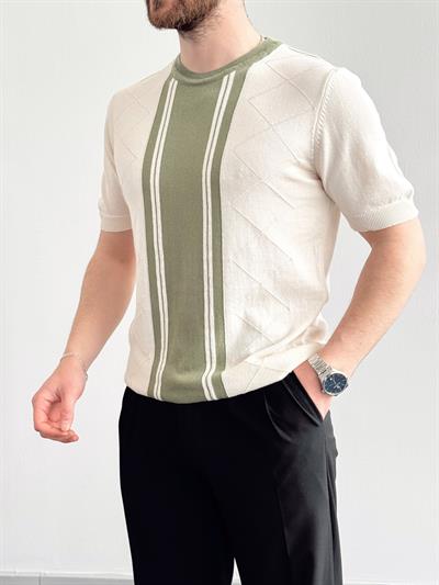 Erkek Yalnızca Davetlilere Açık Oversize Kalıp Bisiklet Yaka Desenli Triko T-Shirt-Bej(E1374)