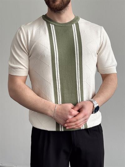 Erkek Yalnızca Davetlilere Açık Oversize Kalıp Bisiklet Yaka Desenli Triko T-Shirt-Bej(E1374)
