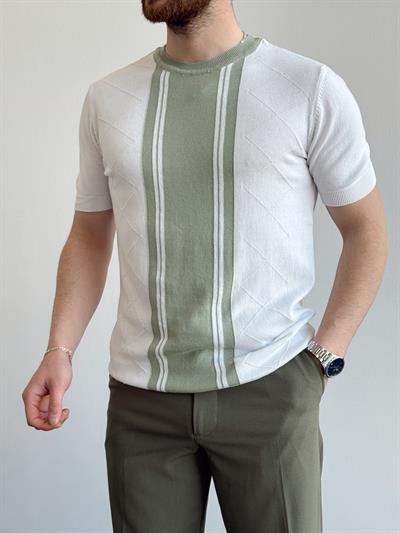 Erkek Yalnızca Davetlilere Açık Oversize Kalıp Bisiklet Yaka Desenli Triko T-Shirt-Beyaz/Yeşil(E1374)