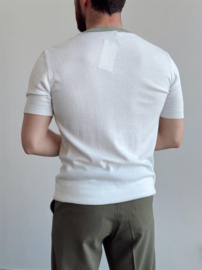 Erkek Yalnızca Davetlilere Açık Oversize Kalıp Bisiklet Yaka Desenli Triko T-Shirt-Beyaz/Yeşil(E1374)