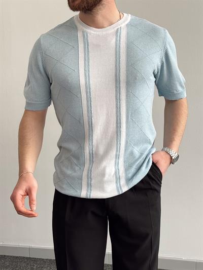Erkek Yalnızca Davetlilere Açık Oversize Kalıp Bisiklet Yaka Desenli Triko T-Shirt-Bebe Mavi(E1374)