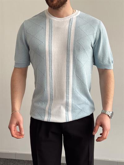 Erkek Yalnızca Davetlilere Açık Oversize Kalıp Bisiklet Yaka Desenli Triko T-Shirt-Bebe Mavi(E1374)