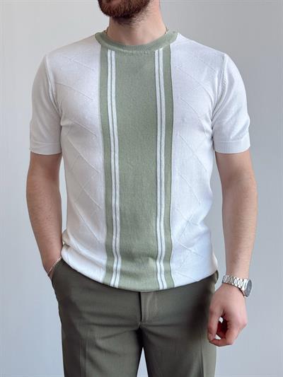 Erkek Yalnızca Davetlilere Açık Oversize Kalıp Bisiklet Yaka Desenli Triko T-Shirt-Beyaz/Yeşil(E1374)