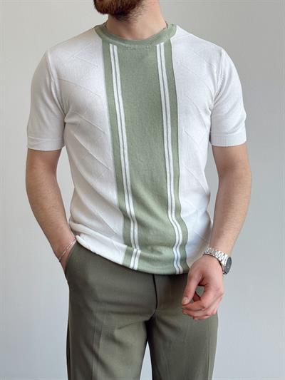 Erkek Yalnızca Davetlilere Açık Oversize Kalıp Bisiklet Yaka Desenli Triko T-Shirt-Beyaz/Yeşil(E1374)