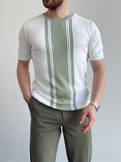 Erkek Yalnızca Davetlilere Açık Oversize Kalıp Bisiklet Yaka Desenli Triko T-Shirt-Beyaz/Yeşil(E1374)
