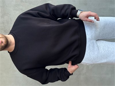 Erkek Yani Sezon Oversize Kalıp Bisiklet Yaka 3 İplik Basic Sweat-Siyah(E1807)