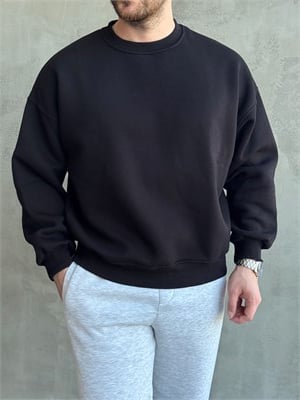 Erkek Yani Sezon Oversize Kalıp Bisiklet Yaka 3 İplik Basic Sweat-Siyah(E1807)