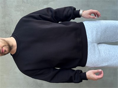 Erkek Yani Sezon Oversize Kalıp Bisiklet Yaka 3 İplik Basic Sweat-Siyah(E1807)