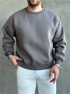 Erkek Yani Sezon Oversize Kalıp Bisiklet Yaka 3 İplik Basic Sweat-Antrasit(E1807)