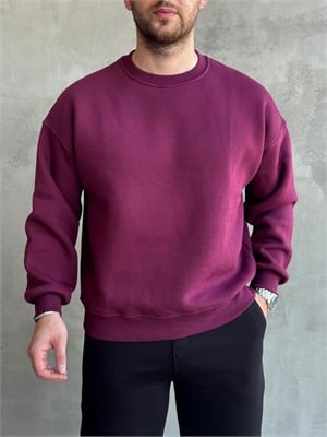 Erkek Yani Sezon Oversize Kalıp Bisiklet Yaka 3 İplik Basic Sweat-Bordo(E1807)