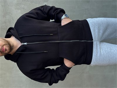 Erkek Yani Sezon Oversize Kalıp Kapüşonlu 3 İplik Zip Sweat-Siyah(E1805)