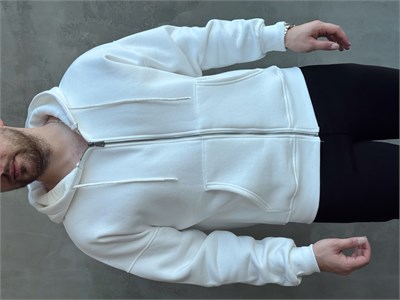 Erkek Yani Sezon Oversize Kalıp Kapüşonlu 3 İplik Zip Sweat-Beyaz(E1805)