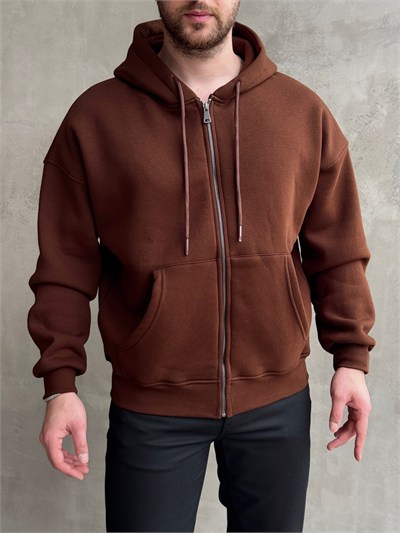Erkek Yani Sezon Oversize Kalıp Kapüşonlu 3 İplik Zip Sweat-Kahverengi(E1805)