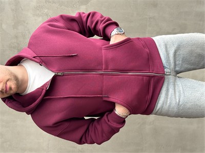 Erkek Yani Sezon Oversize Kalıp Kapüşonlu 3 İplik Zip Sweat-Bordo(E1805)