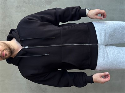 Erkek Yani Sezon Oversize Kalıp Kapüşonlu 3 İplik Zip Sweat-Siyah(E1805)