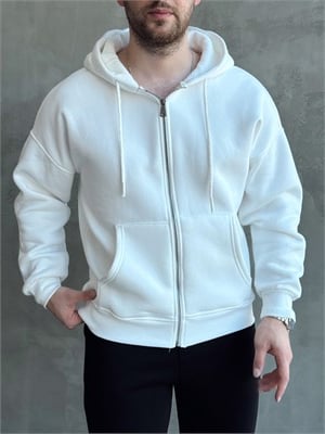 Erkek Yani Sezon Oversize Kalıp Kapüşonlu 3 İplik Zip Sweat-Beyaz(E1805)