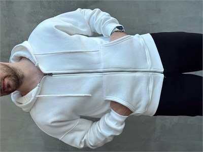 Erkek Yani Sezon Oversize Kalıp Kapüşonlu 3 İplik Zip Sweat-Beyaz(E1805)