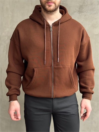 Erkek Yani Sezon Oversize Kalıp Kapüşonlu 3 İplik Zip Sweat-Kahverengi(E1805)