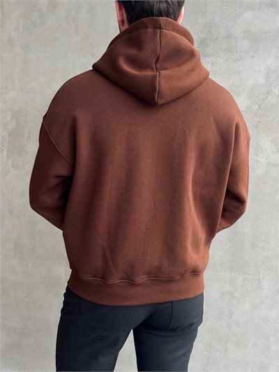 Erkek Yani Sezon Oversize Kalıp Kapüşonlu 3 İplik Zip Sweat-Kahverengi(E1805)