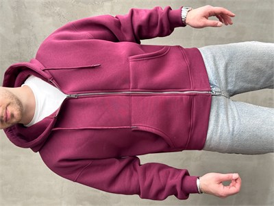 Erkek Yani Sezon Oversize Kalıp Kapüşonlu 3 İplik Zip Sweat-Bordo(E1805)