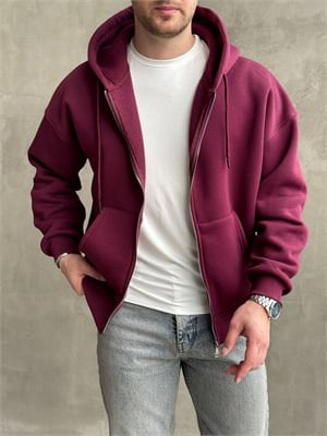 Erkek Yani Sezon Oversize Kalıp Kapüşonlu 3 İplik Zip Sweat-Bordo(E1805)