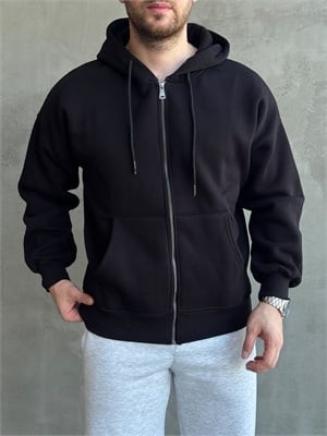 Erkek Yani Sezon Oversize Kalıp Kapüşonlu 3 İplik Zip Sweat-Siyah(E1805)