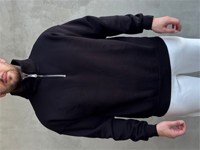 Erkek Yani Sezon Oversize Kalıp Yarım Fermuarlı 3 İplik Basic Sweat-Siyah(E1806)