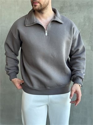 Erkek Yani Sezon Oversize Kalıp Yarım Fermuarlı 3 İplik Basic Sweat-Antrasit(E1806)