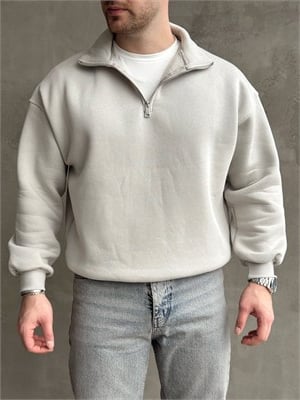 Erkek Yani Sezon Oversize Kalıp Yarım Fermuarlı 3 İplik Basic Sweat-Gri(E1806)