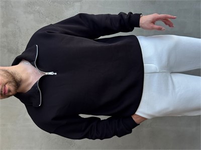 Erkek Yani Sezon Oversize Kalıp Yarım Fermuarlı 3 İplik Basic Sweat-Siyah(E1806)