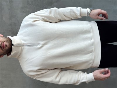Erkek Yani Sezon Oversize Kalıp Yarım Fermuarlı 3 İplik Basic Sweat-Bej(E1806)