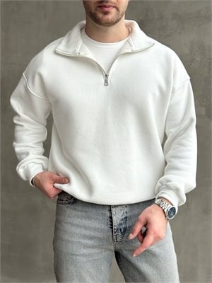 Erkek Yani Sezon Oversize Kalıp Yarım Fermuarlı 3 İplik Basic Sweat-Beyaz(E1806)